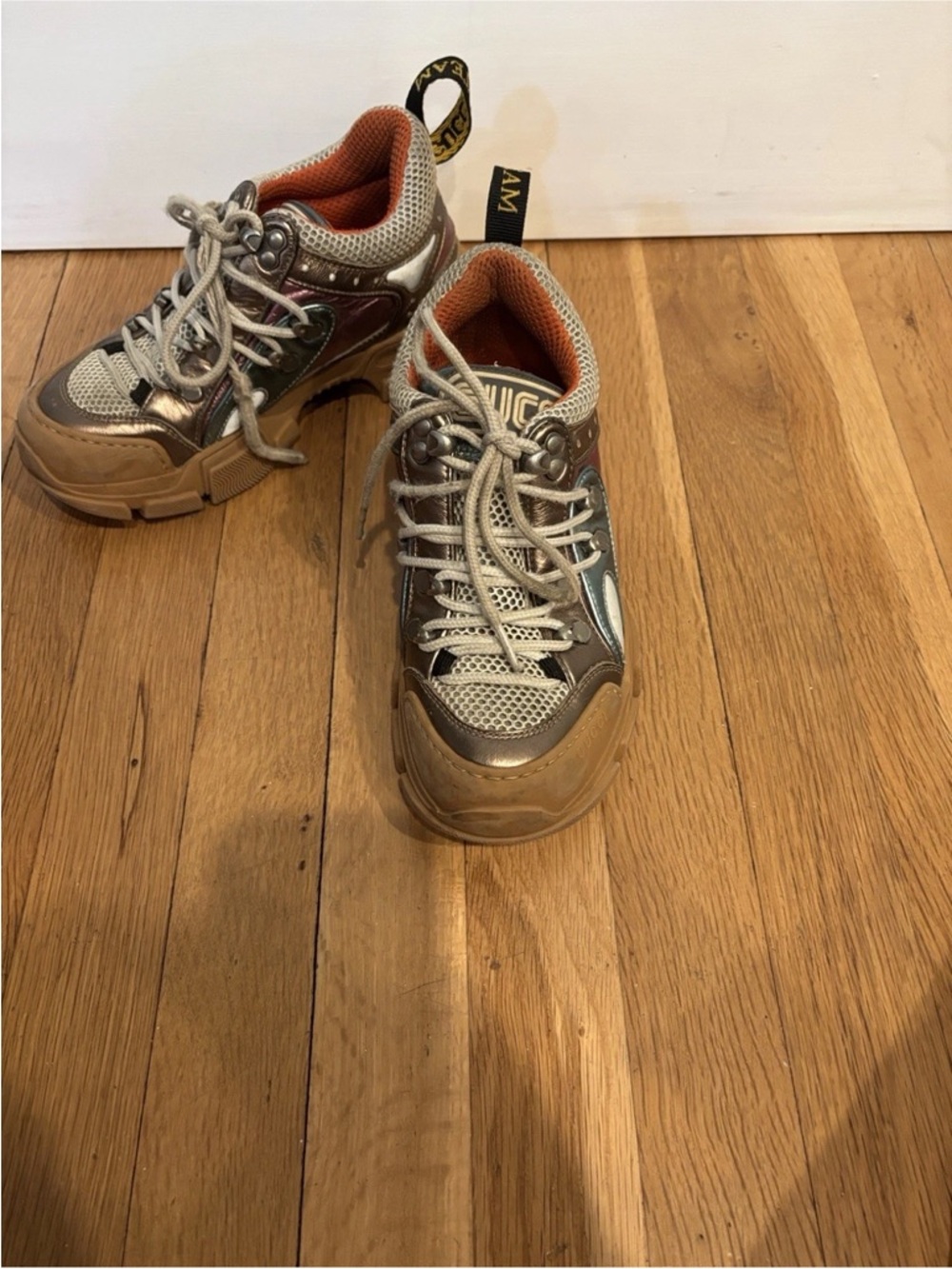 GUCCI Flashtrek Metallic Gold Chunky Sneakers Size 5-Authentic - Picture 3 of 12